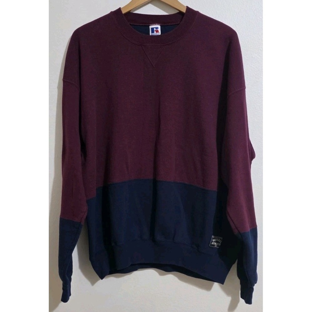 Russell Athletic Vintage Colorblock Blue Maroon Pullover Crewneck Sweatshirt XXL